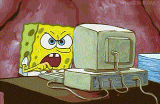 SpongeBob frantically typing on a computer before it bursts into flames